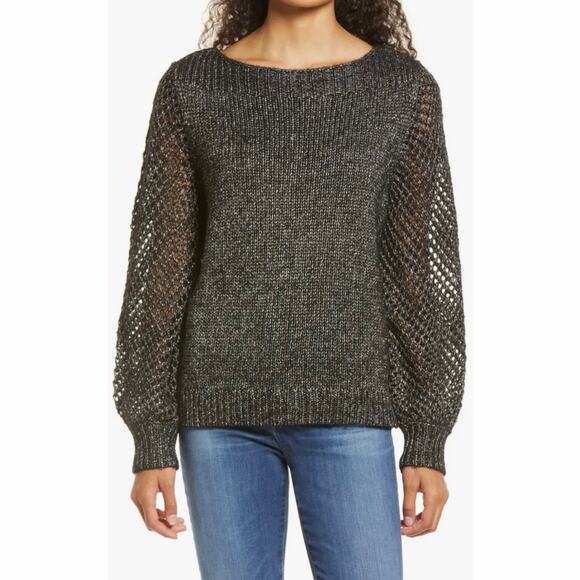 NWT Tommy Bahama Shimmer Balloon Sleeve Black Metallic Wool Blend Sweater - Picture 1 of 8